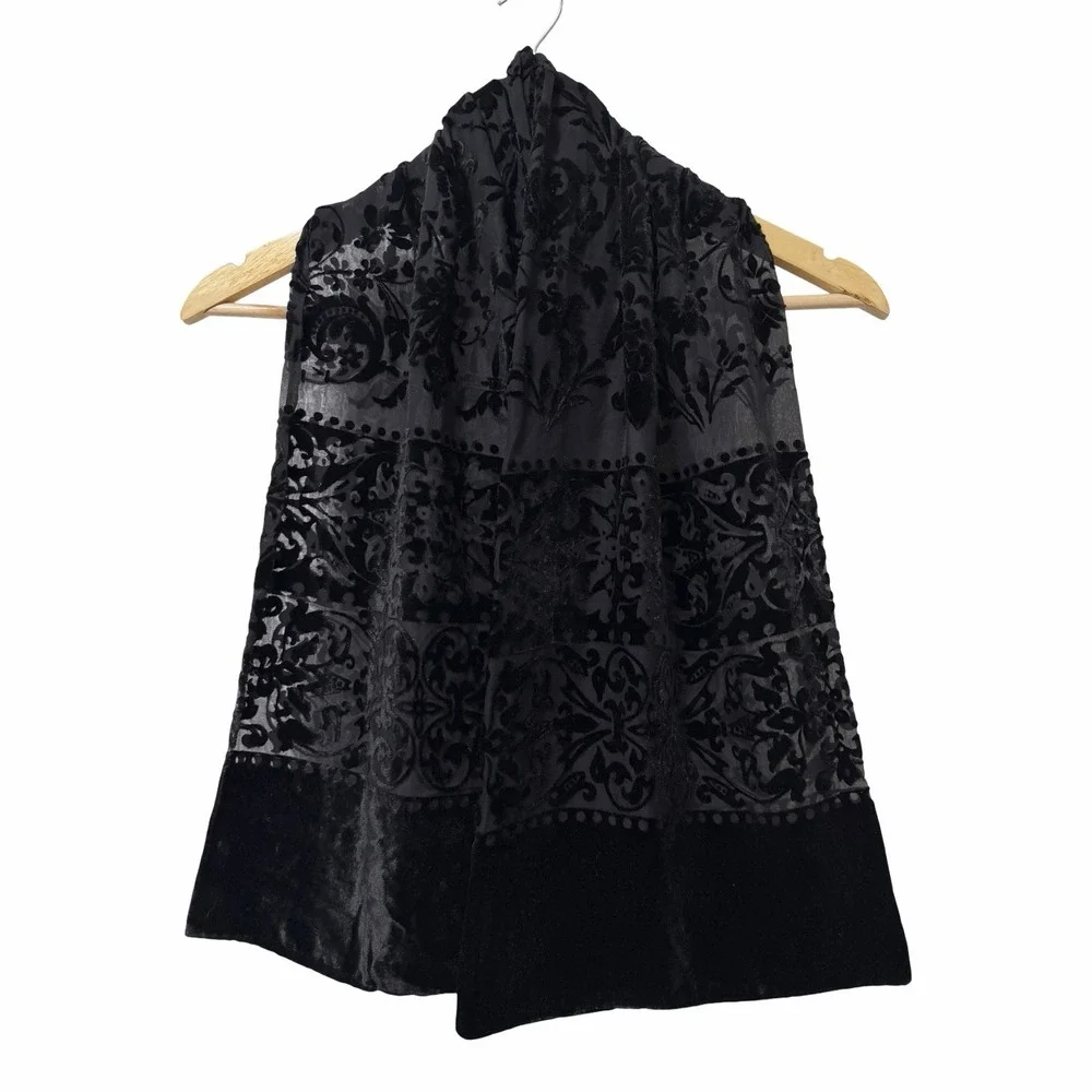 VTG Talbots Velvet Burnout Sheer Silk Blend Scarf in Black Made Italy Whimsigoth